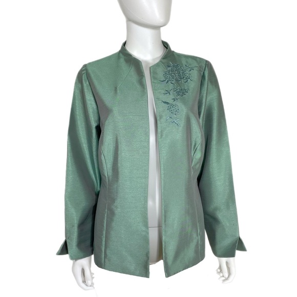 Jessica Howard Sage Green Taffeta Embroidered Floral Open Front Blazer - Picture 1 of 8